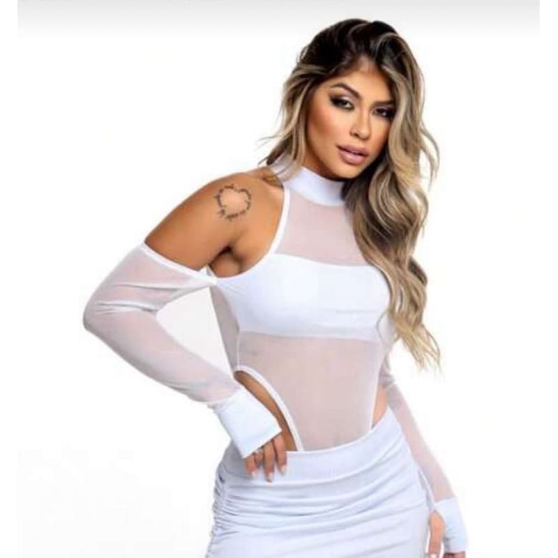 Body Tule Recorte Manga Longa Moda Gringa
