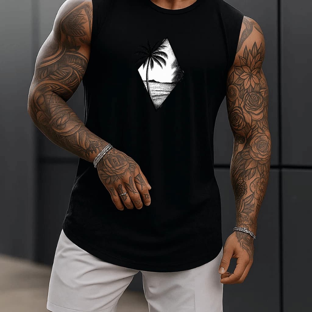 Regata Masculina Academia Algodão Cenario Coqueira 100% Estampada Premium Treino Fitness Casual Streetwear Verão
