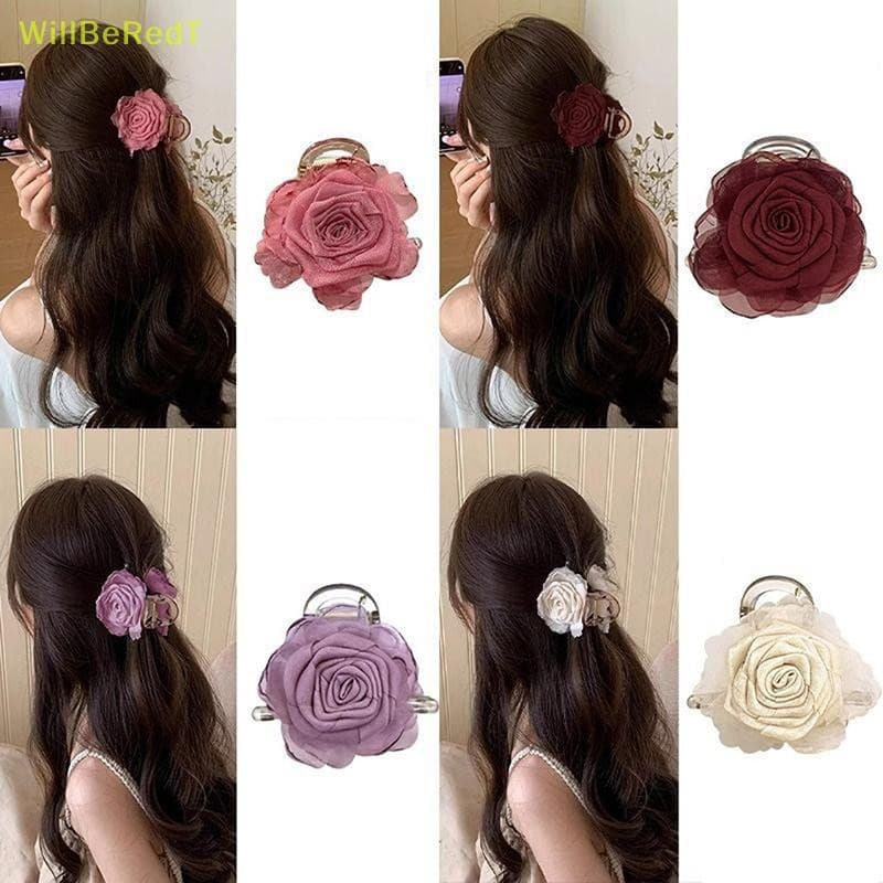 [WillBeRedT] Garra De Cabelo Elegante Com Flor Rosa Para Mulheres Clipe De Tubarão De Temperamento Enfeite Doce Cabeça T