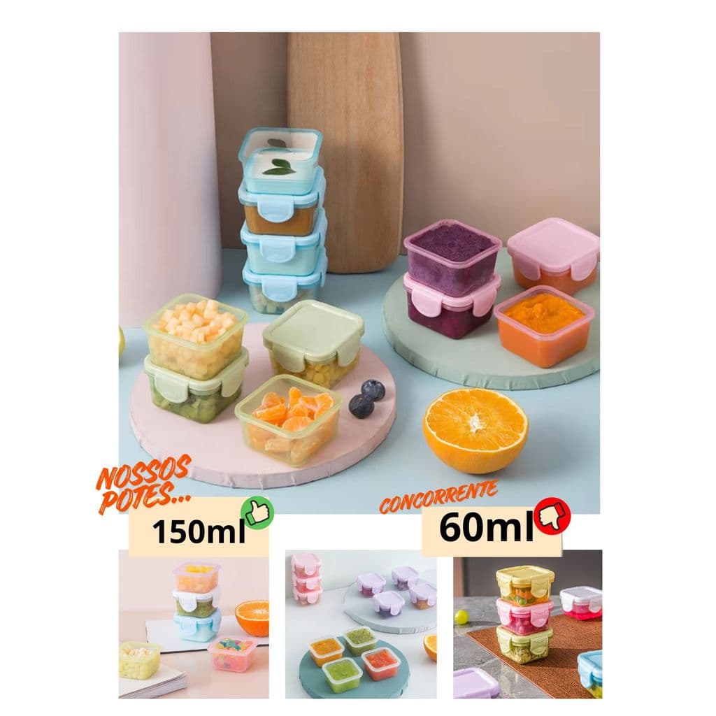 KIT Potes Alimentos Papinha Bebê Tampa Herméticos Frutas Lanche Lancheira Escola