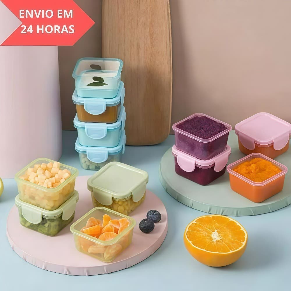 Kit c/8 Mini Potes para Congelar Papinha c/ Tampa Hermética Porta Leita em pó Frutas para Bebe adultos