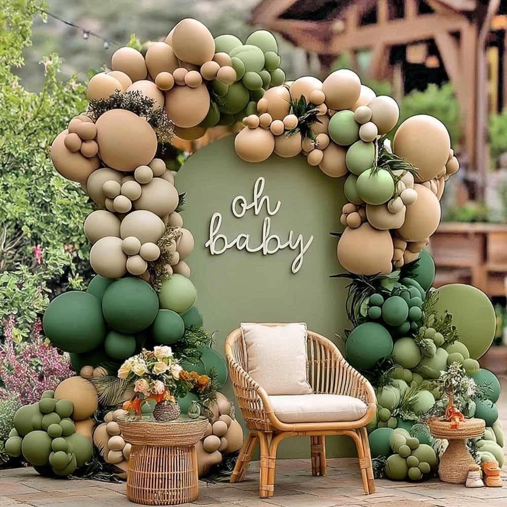 Kit 207 Balões Verde Sage Oliva Bege Areia Double 5" 12" 18" Arco Orgânico Decoração Festa Safari Aniversário