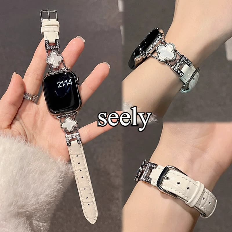 Pulseira De Couro Trevo De Quatro Folhas Para Apple Band 46mm 42mm 40mm 41mm 44mm 45mm 39mm 49mm Faixa De Metal iWatch S
