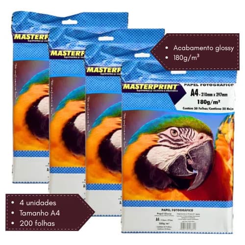 Kit com 4 Papel Fotográfico A4 210mm x 297mm 180G 50Fls Papel Glossy Brilhante Branco