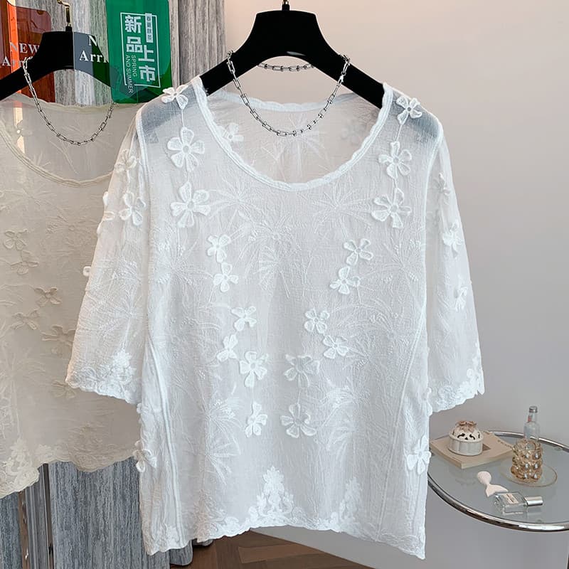 Cor sólida tridimensional flor camisa de manga curta feminina verão novo estilo bordado mais magro olhar Design F