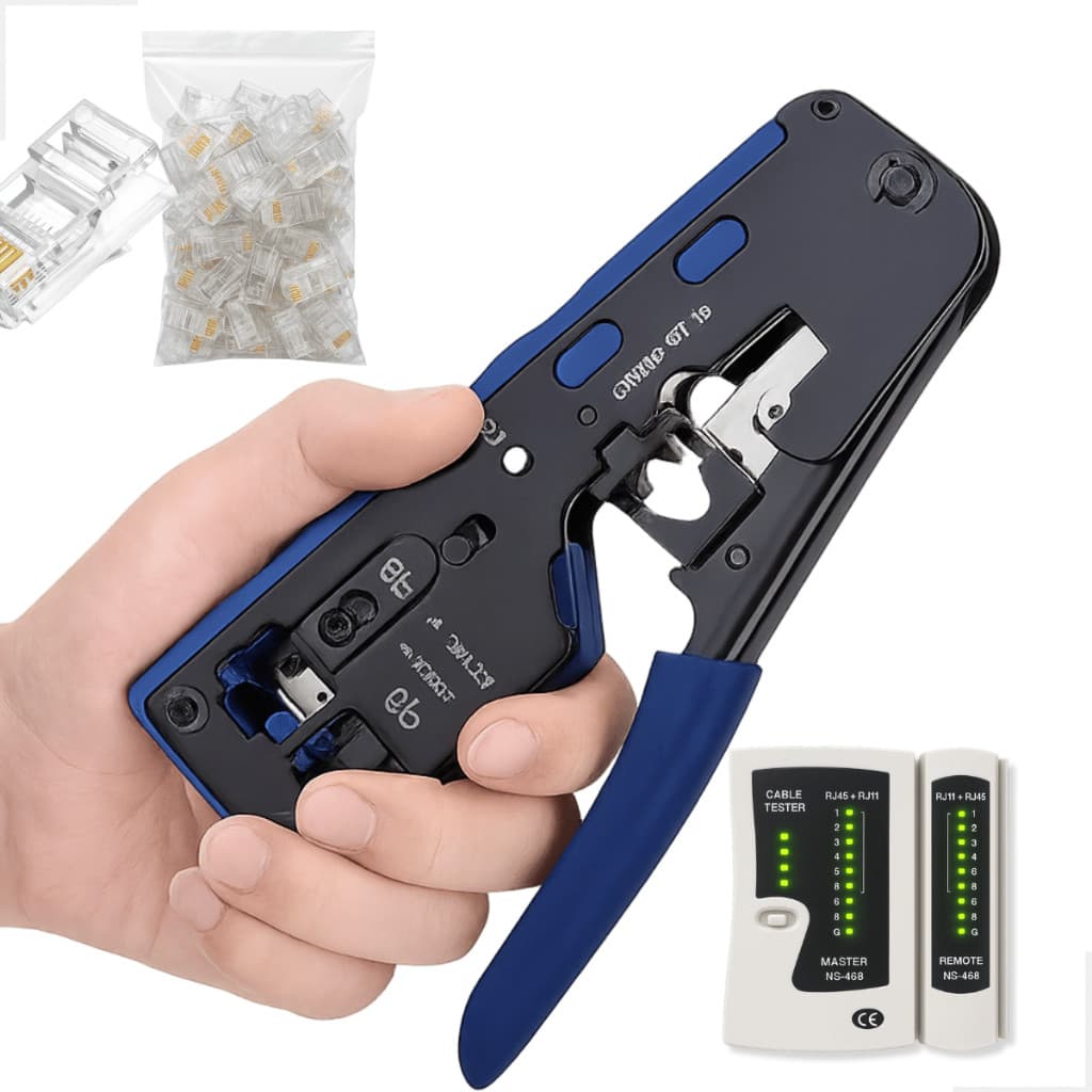 Alicate Crimpar Cat5 Cat6 Cat7 + 100 Conectores RJ45 Vazados + Testador de Rede
