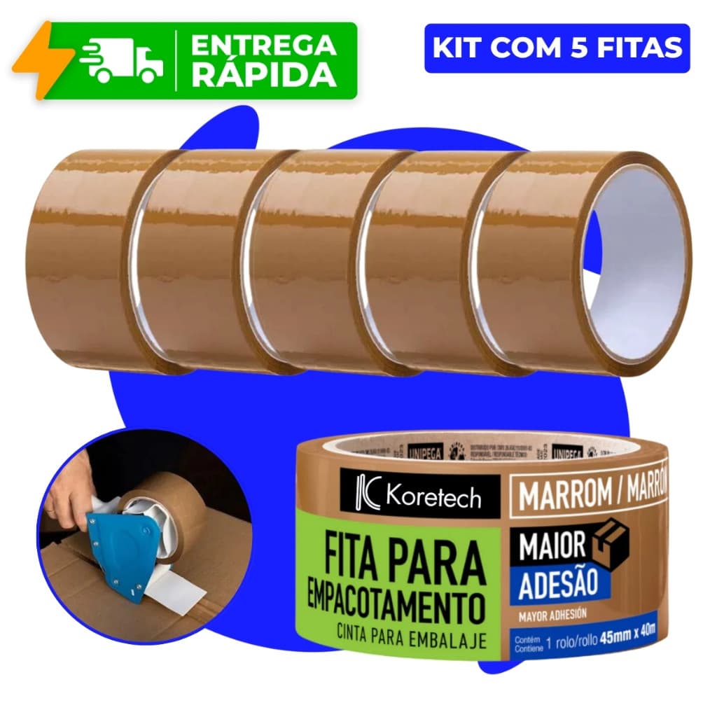 Kit 5 Fitas Adesiva Marrom para Caixa Embalagem E-Commerce Papelão (48mm x 45m) Koretech
