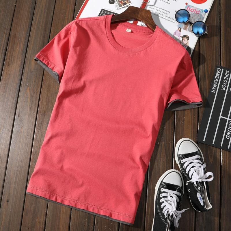 Japonês pesado simples impervível solto camiseta puro algodão em torno do pescoço de manga curta camiseta masculino femi