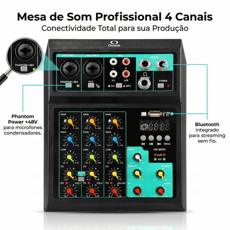 Canais Som 4 Mixer De Áudio Console De Mixagem De Som  Efeitos Portátil Profissional Entrada de computador ON-MX01