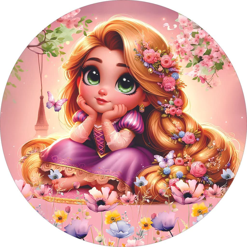 Capa de Painel Redondo Rapunzel Enrolados Princesas Baby Cute Tecido Sublimado Vários Modelos 50x50