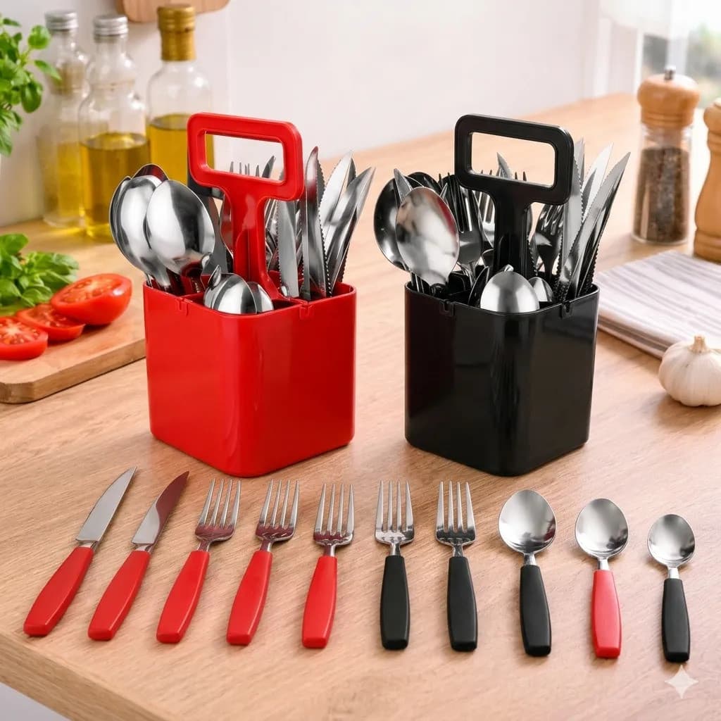 Jogo De Talheres Inox 25 Peças Com Pote Organizador Multiuso Faqueiro Completo Com Tampa Cozinha Prático Resistente