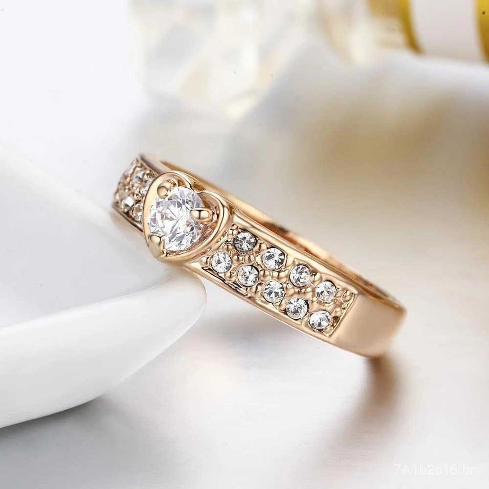 Novas joias requintadas em estilo coreano: anel de zircônia em forma de coração, cravejado de diamantes e banhado a ouro