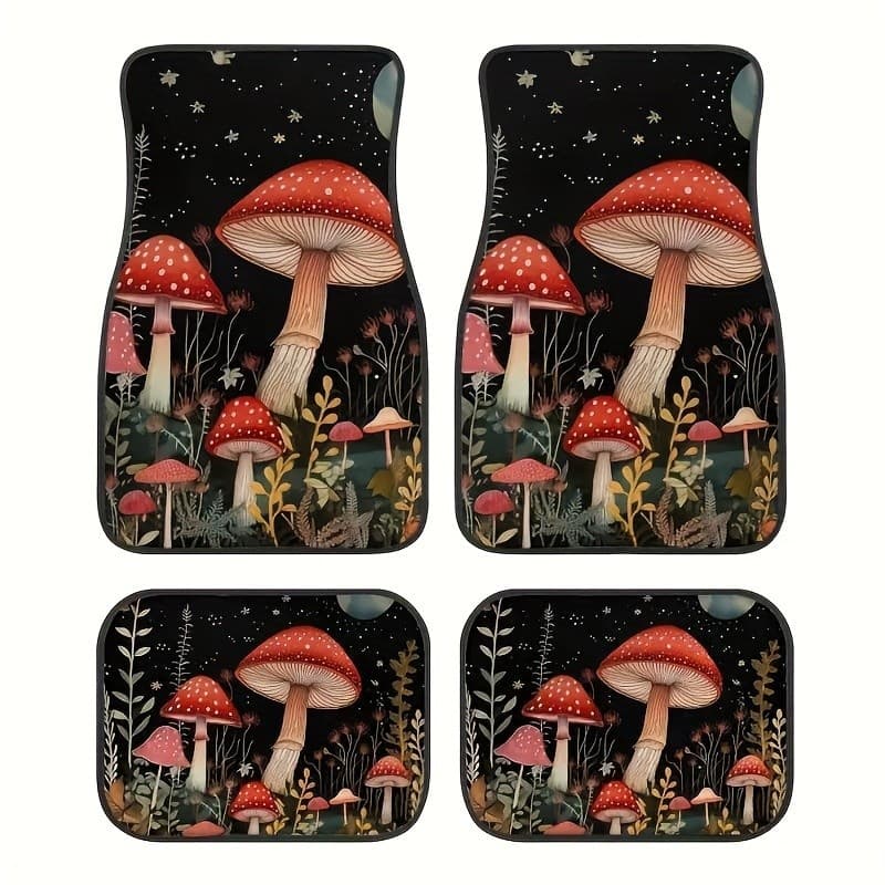 Conjunto de 4 peças-tapete de carro estampado de cogumelo da moda-tapete decorativo de carro, adequado para carros e SUV