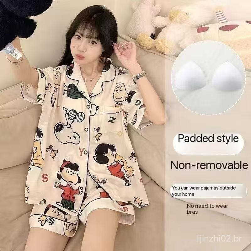 Conjunto de Pijama de Charlie Brown do Anime Cartoon Snoopy para Mulheres, Novo Verão, Shorts de Manga Curta Estilo Core