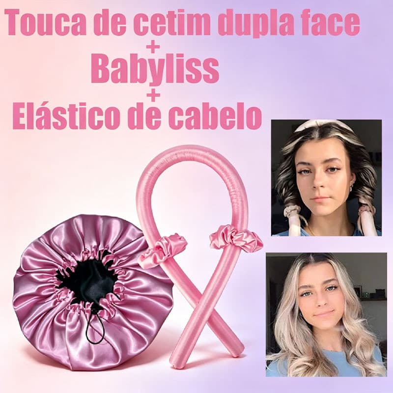 kit De Touca De Cabelo De Cetim Dupla Face Ajustável + Haste De Ondulação + Elásticos