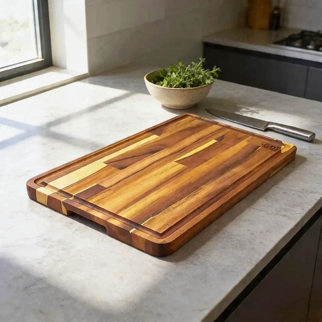 Tábua De Churrasco Madeira Teca Carne Legumes Cozinha Corte Profissional Premium Com Canaleta