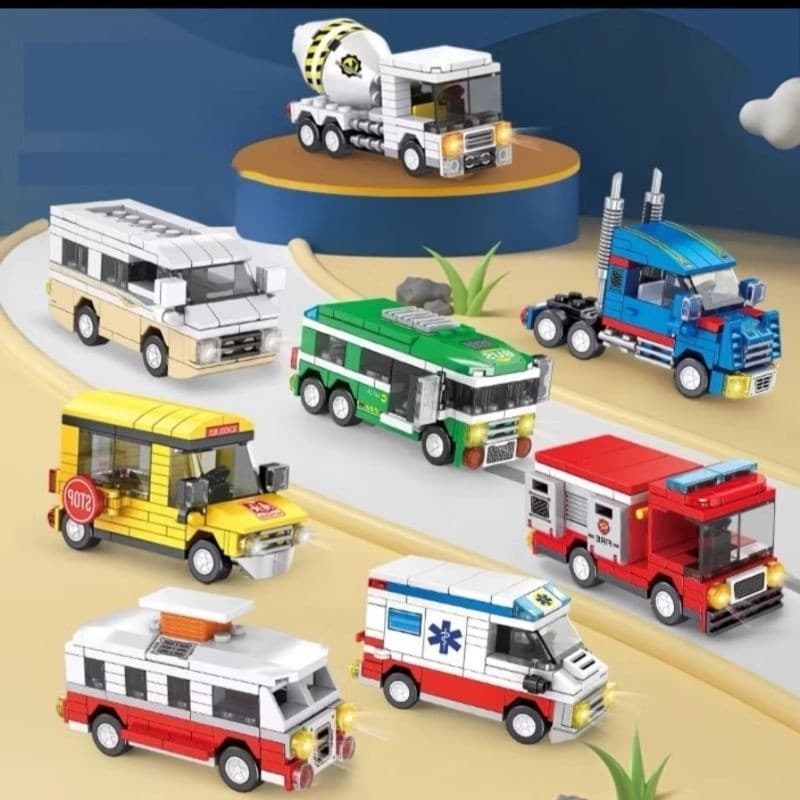 Brinquedo kit com até 4  Veículos Caminhões Ônibus Ambulância Carrinho  Blocos de Montar Criança