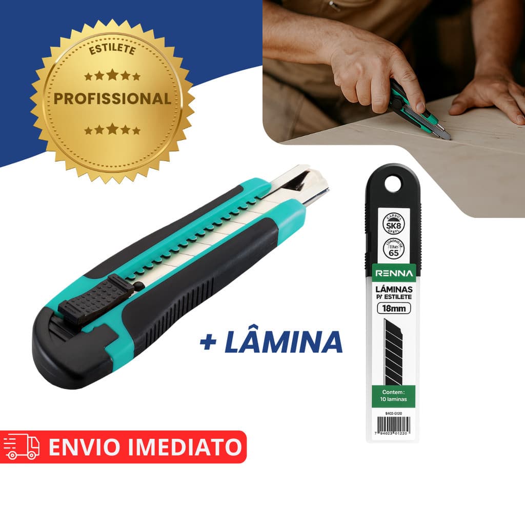 Kit Estilete Profissional 18mm Emborrachado Ergonômico Com Trava de Segurança e Lamina Segmentada