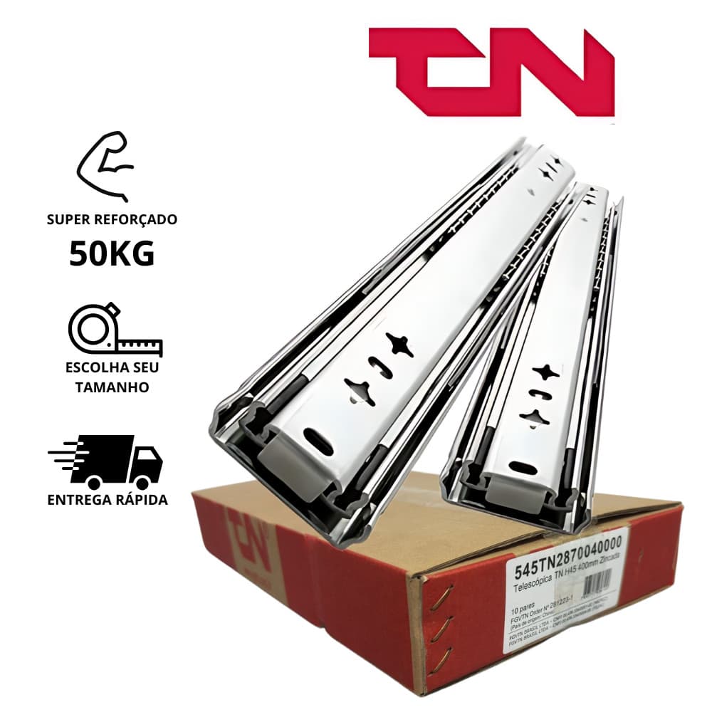 Corrediça Gaveta Trilho Telescópico H45 50kg  Super Reforçada - FVGTN / TN - TAMANHOS - NACIONAL