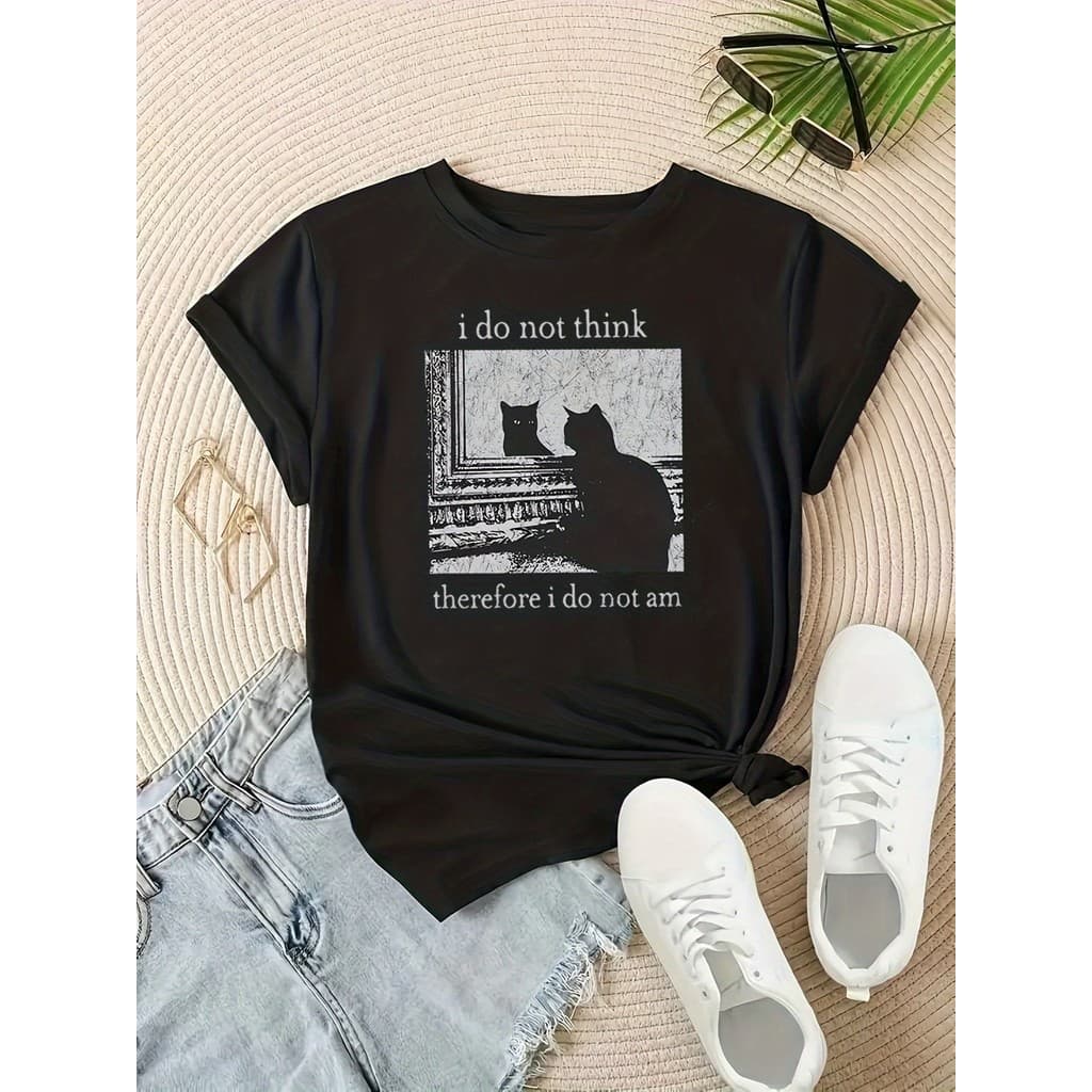 Camiseta Feminina "Eu Não Penso, Portanto Não Existo" com Estampa de Gato e Espelho - Blusa Casual de Manga Curta