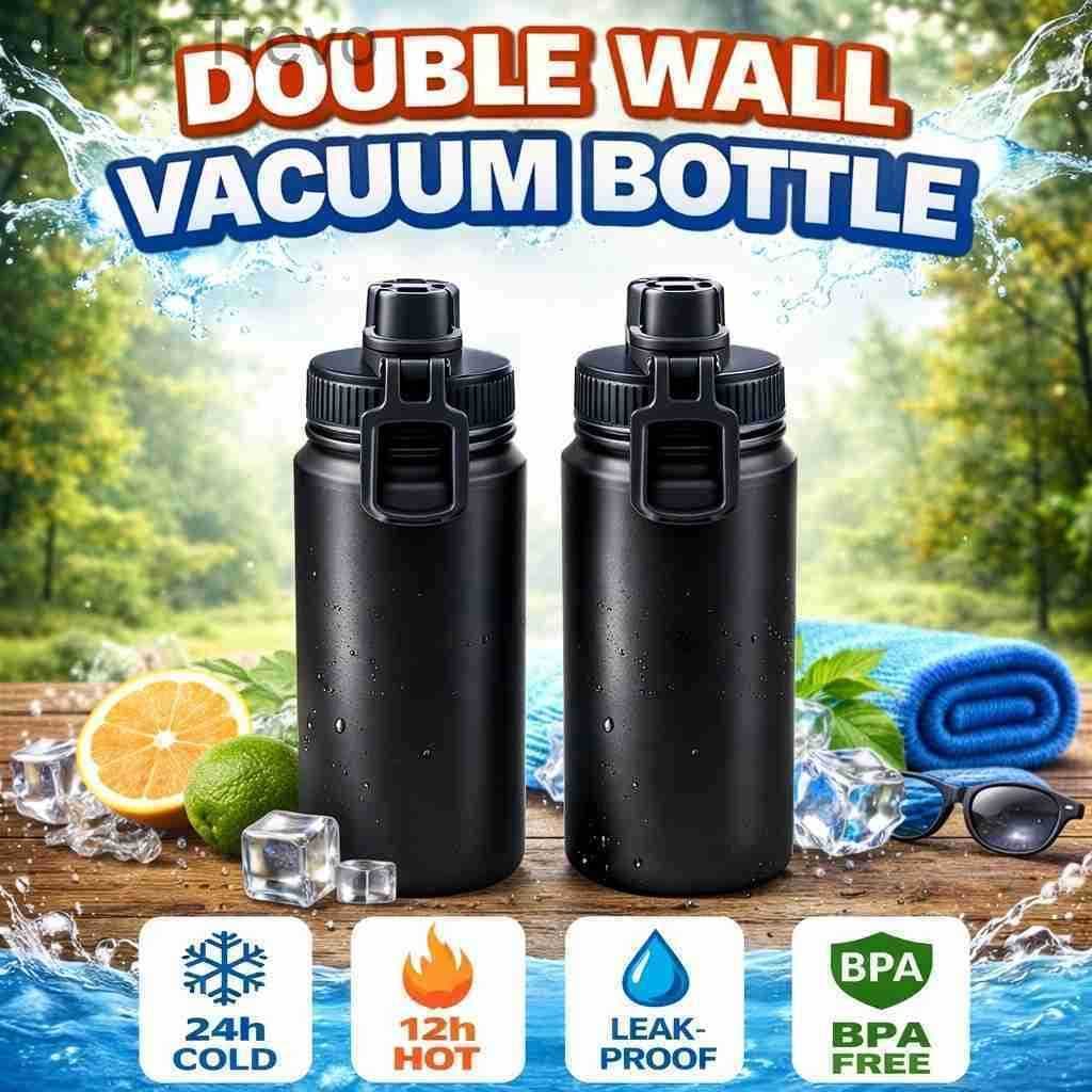Kit 2 Garrafas Térmicas 800ml Preta Inox Parede Dupla com Tampa Leak Proof BPA FreeMYQ3