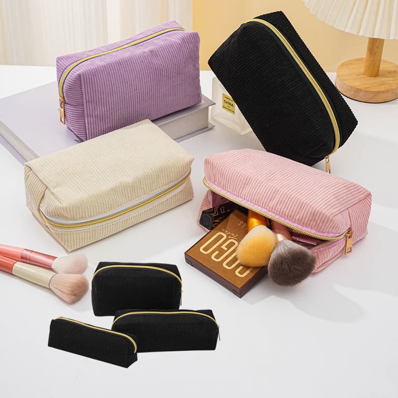 Necessaire de Veludo Cotelê com Grande Capacidade para Maquiagem, Lápis e Viagem