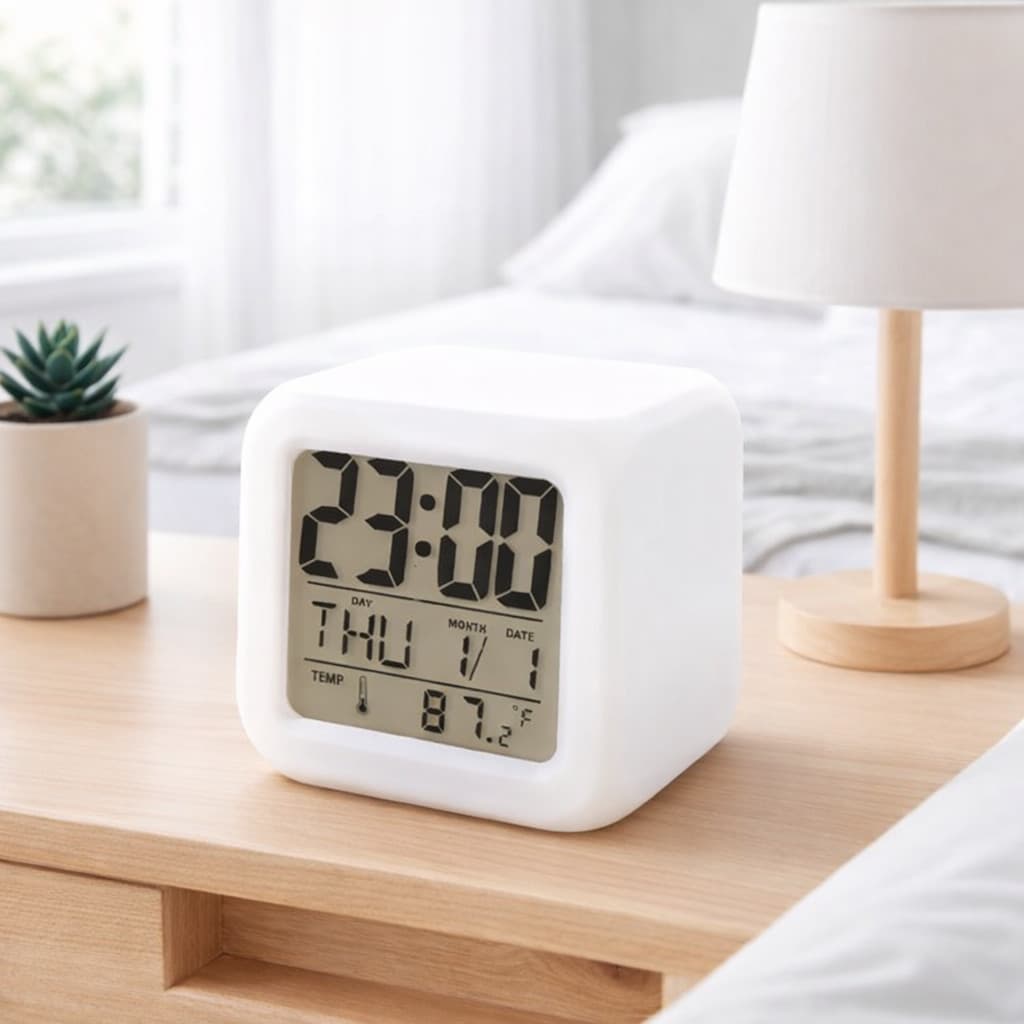 Mini Relógio Digital LED Despertador Data Temperatura Branco