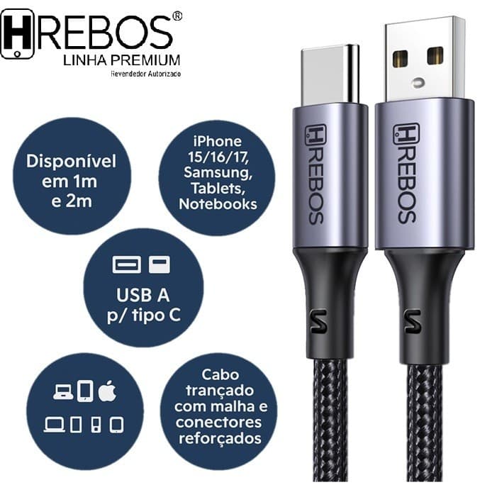 Cabo USB A para Tipo C 3.1A Hrebos Midnight Trançado Reforçado 1m 2m Samsung Xiaomi Motorola Iphone