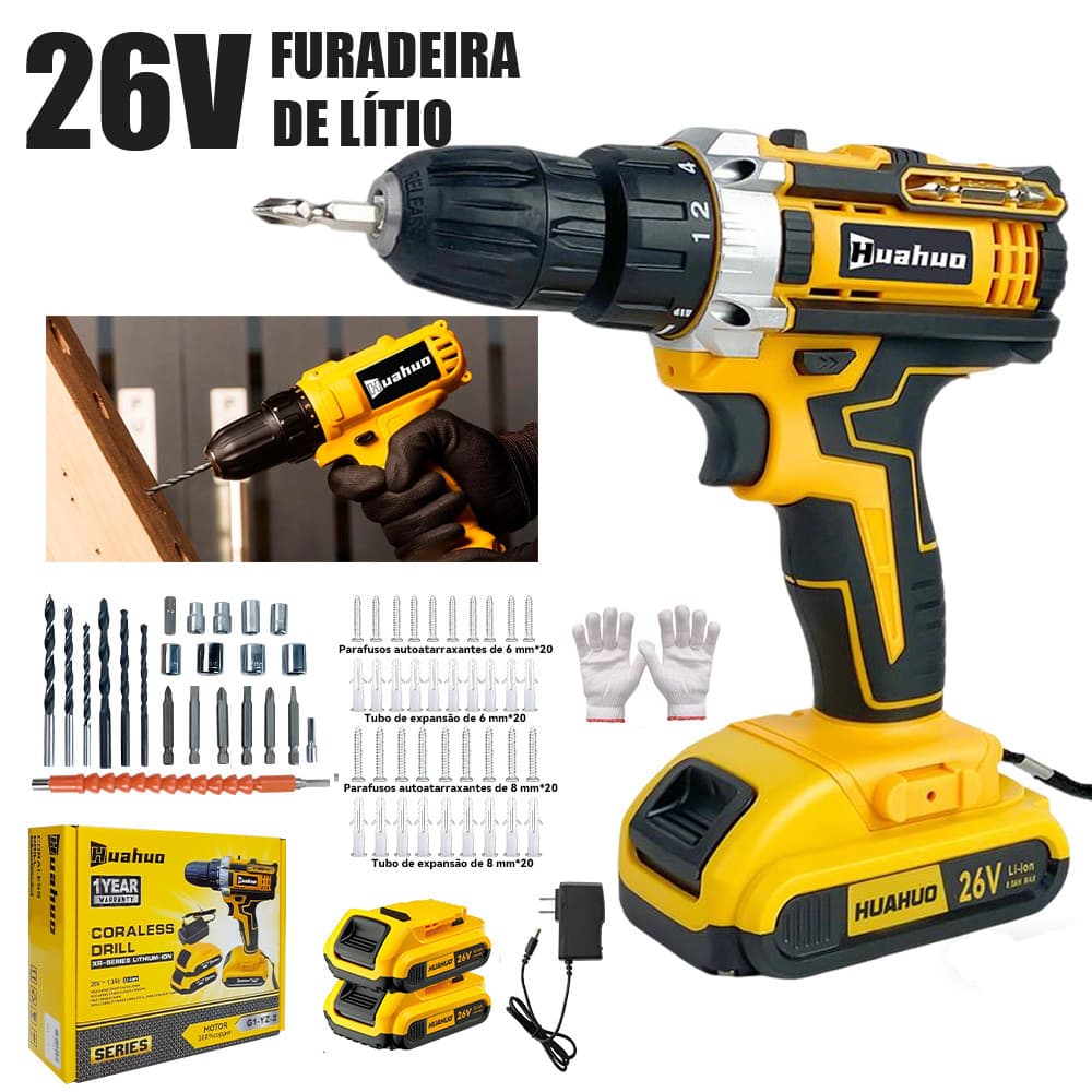 Furadeira Parafusadeira 26V/21V/12V Baterias Sem Fio Impacto Broca Caixa de papelão Maleta Bivolt~
