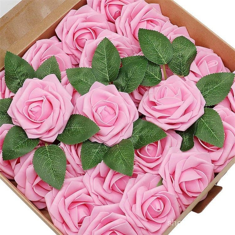 25pcs flores artificiais, rosa realista falsa com buquê de casamento DIY dia dos namorados presente de aniversário sem c