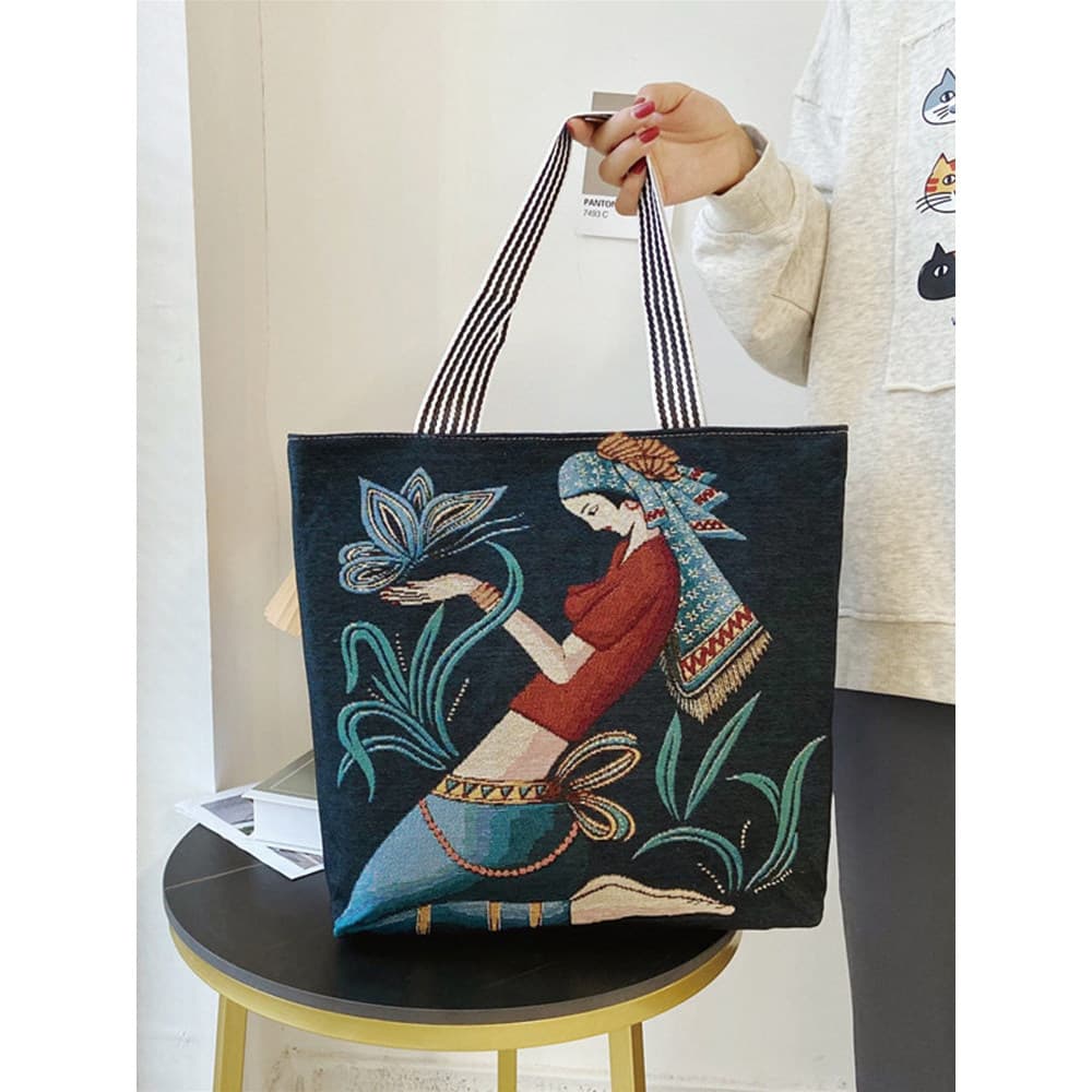 Bolsa de lona feminina, bolsa de ombro antiga, bolsa de pano grande, estilo étnico, bolsa de lona da moda, bolsa de trab