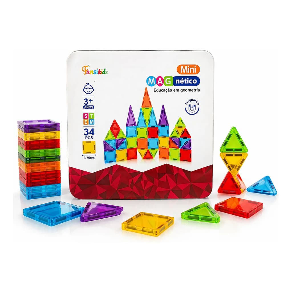 Blocos Magnético Construção c/ Imã Estojo Metal Educativo Bloquinho de Montar q Grudam 26 pçs/34 pçs