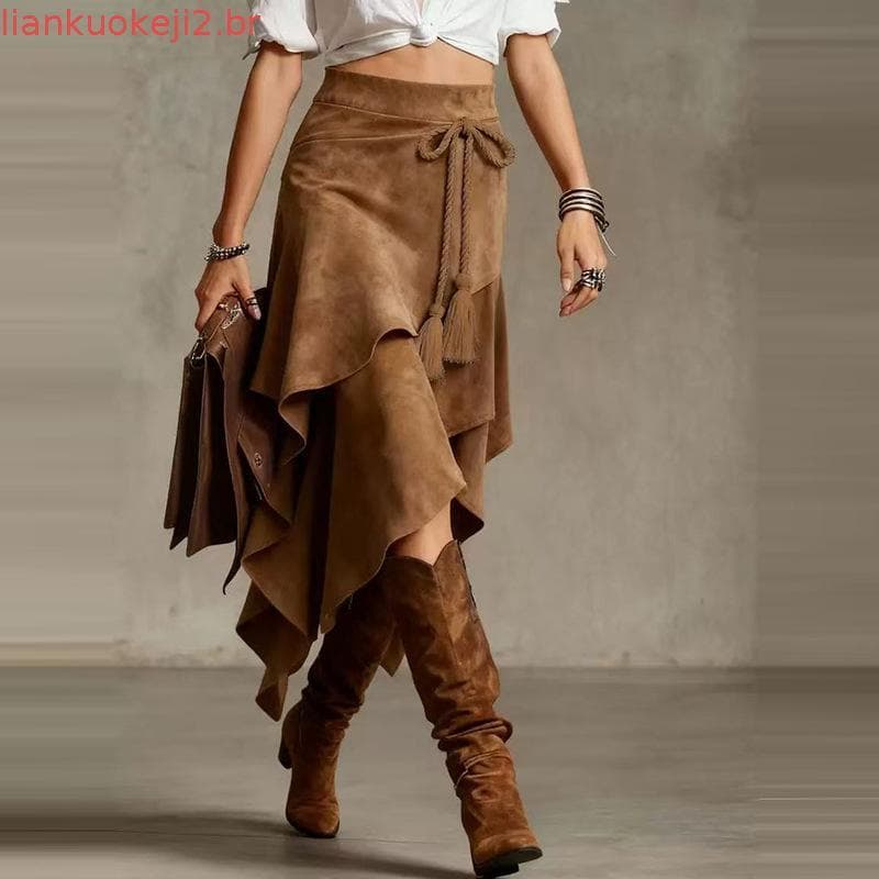 Saia De Vaqueira Ocidental De Cintura Alta Camurça Assimétrica Vintage Fluida Boho Midi Para Mulheres