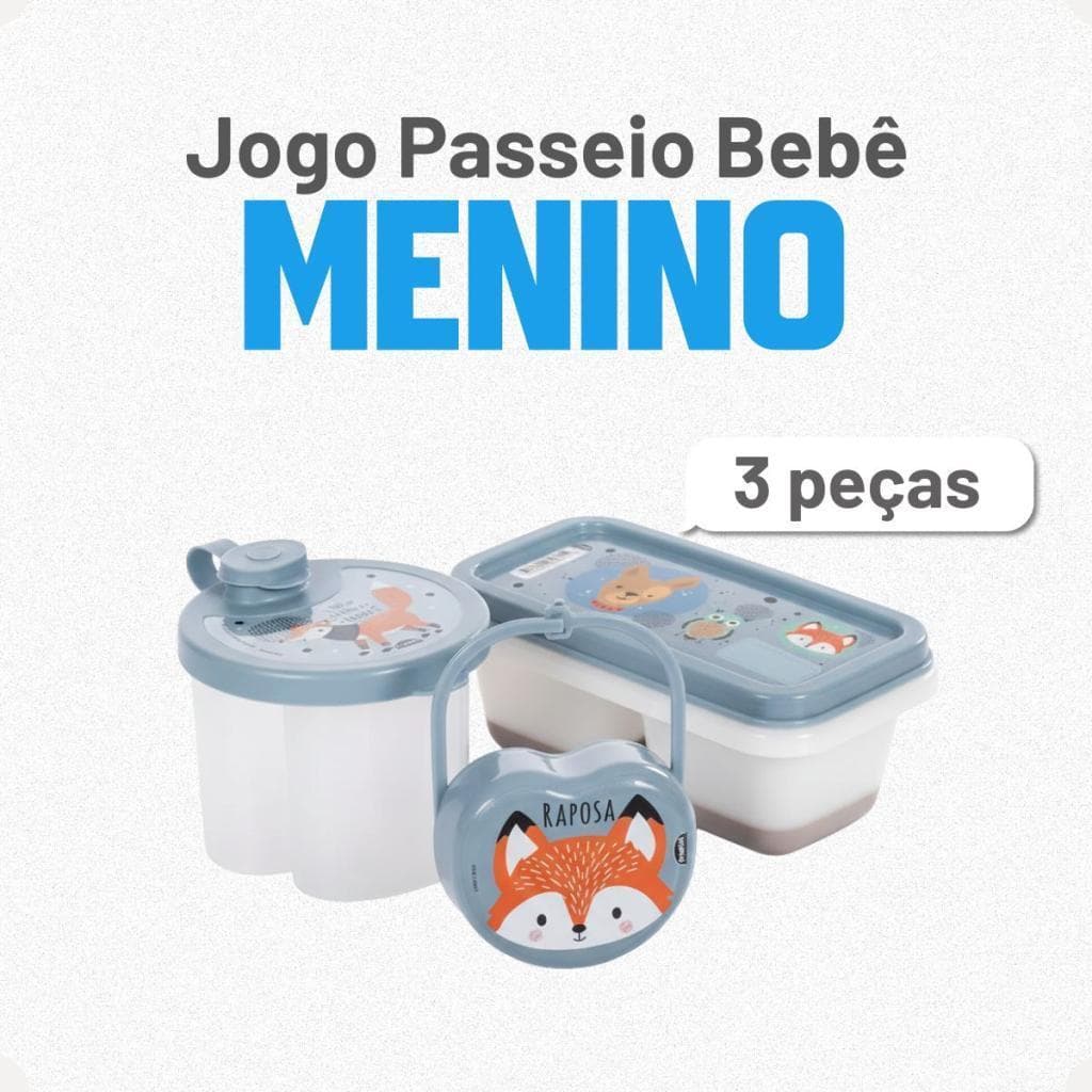 Kit Bebê Azul Menino Dosador Leite Pó 300ml Porta Chupeta Alça Porta Papinha Duplo 70ml