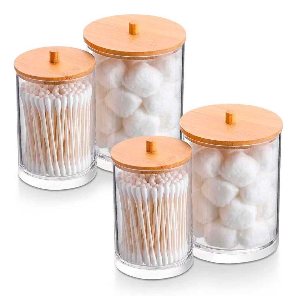 Kit 2 Potes Organizador Duplo com Tampa de Bambu Cotonetes Algodão Banheiro
