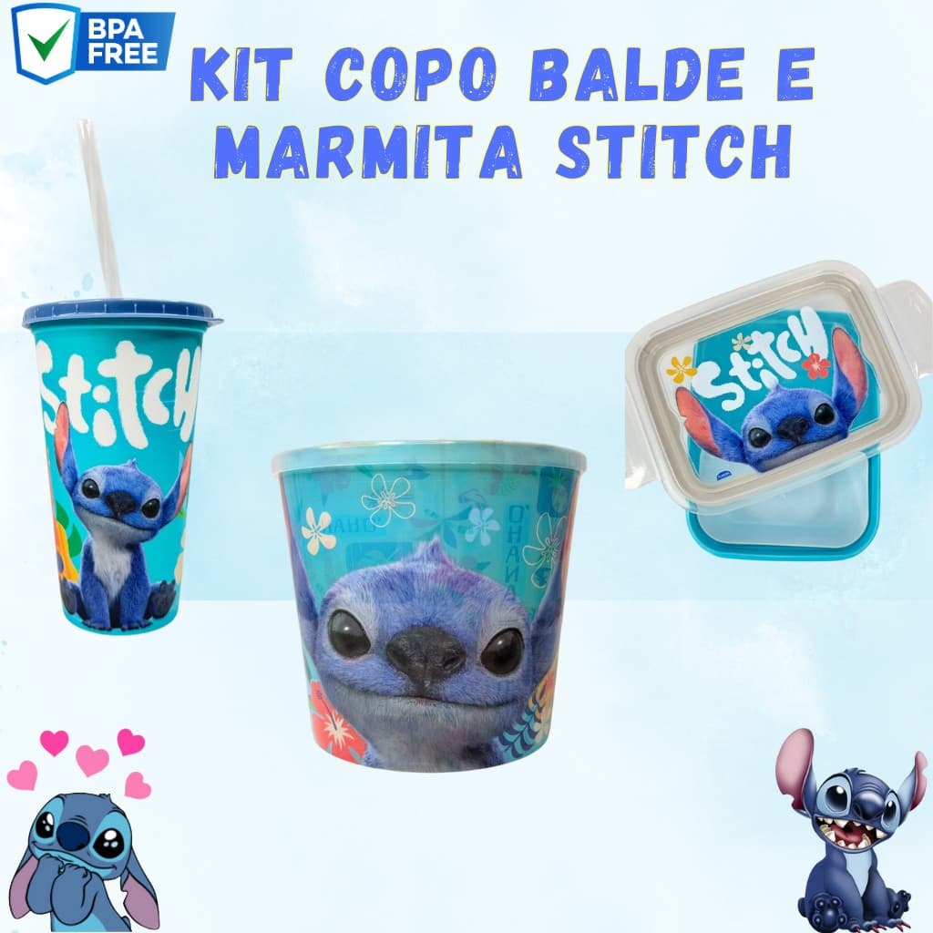 Kit Stitch Balde Pipoca Copo Stitch Lancheira Marmita Stitch Plasútil Infantil