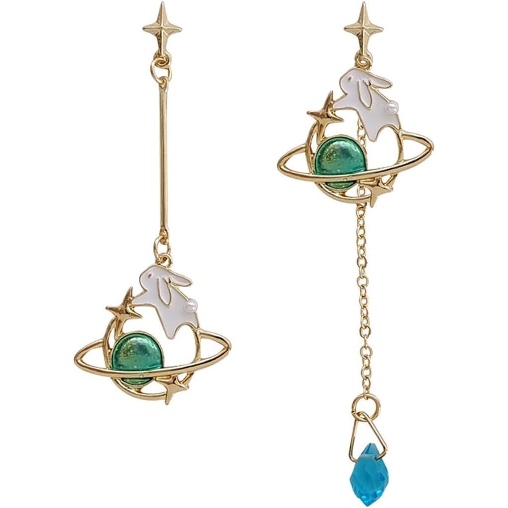 Brincos assimétricos de coelho em estilo cartoon, brincos fofos de coelho lunar, brincos de coelho estelar, brincos long