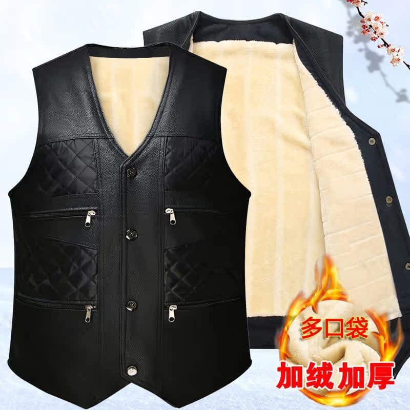 W inverno forro de lã masculino engrossado colete de couro de meia-idade pai quente Multi-bolso colete idosos colete rou