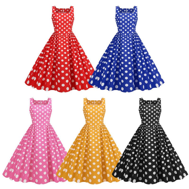 Real Shot pronto estoque venda quente bolinhas cintura estreita pescoço quadrado sem mangas Retro grande balanço vestido
