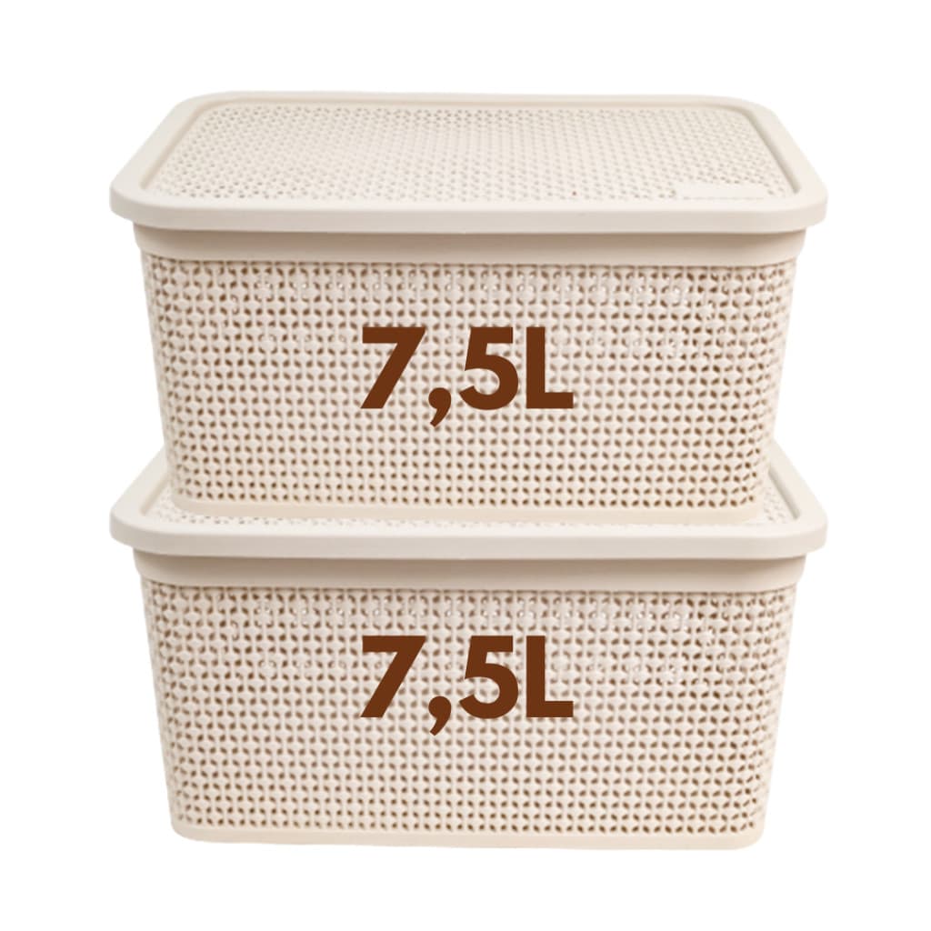Kit 2 Cestos Caixa Organizadora Rattan 7,5 Litros com Tampa Alças Laterais