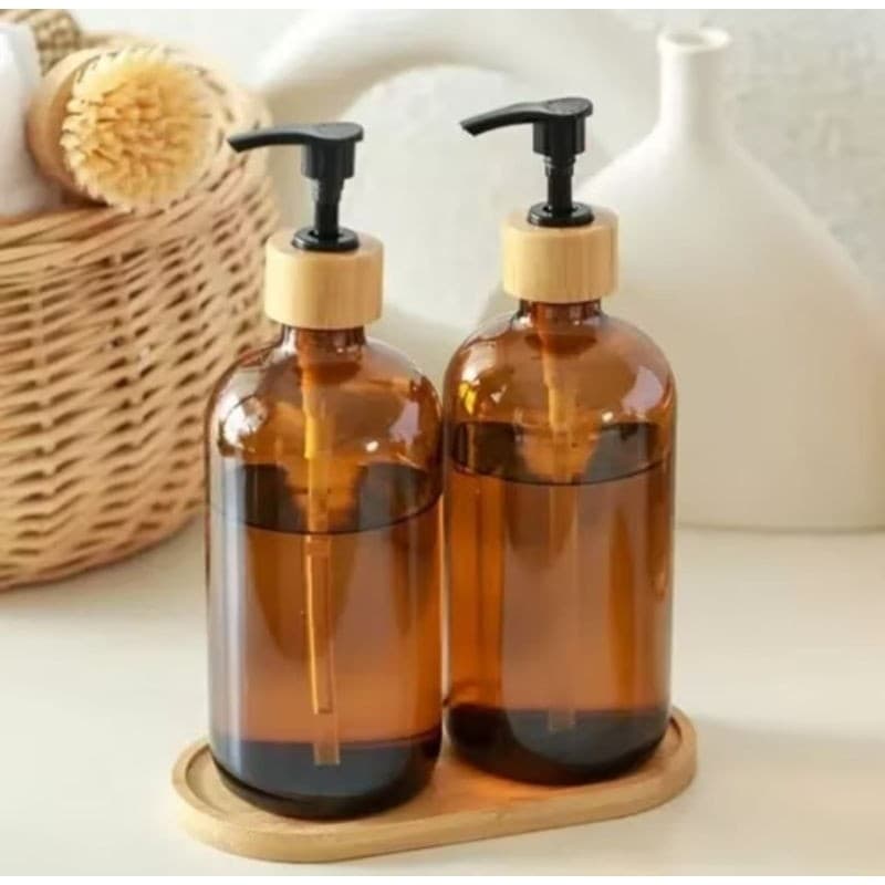 Porta Sabonete Líquido de Vidro e Bambu 500ml Design Sofisticado para seu Banheiro 1 ou 2 Unidades