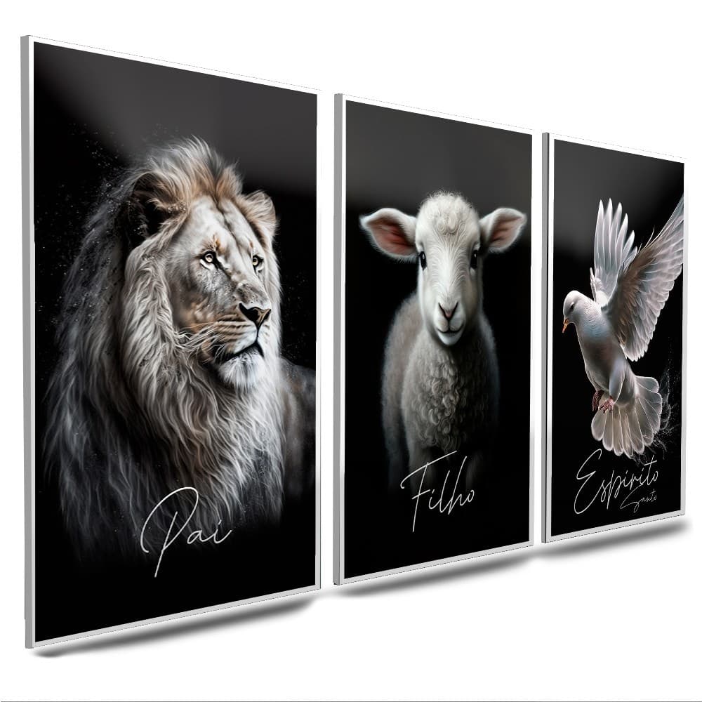 Kit quadros decorativos religioso Pai Filho e Espírito Santo passaro leao ovelha brancos 3 peças