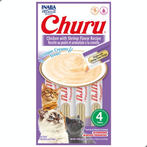 Petisco Churu Gatos 4 Tubos de 14g Sabor Frango Com Camarão