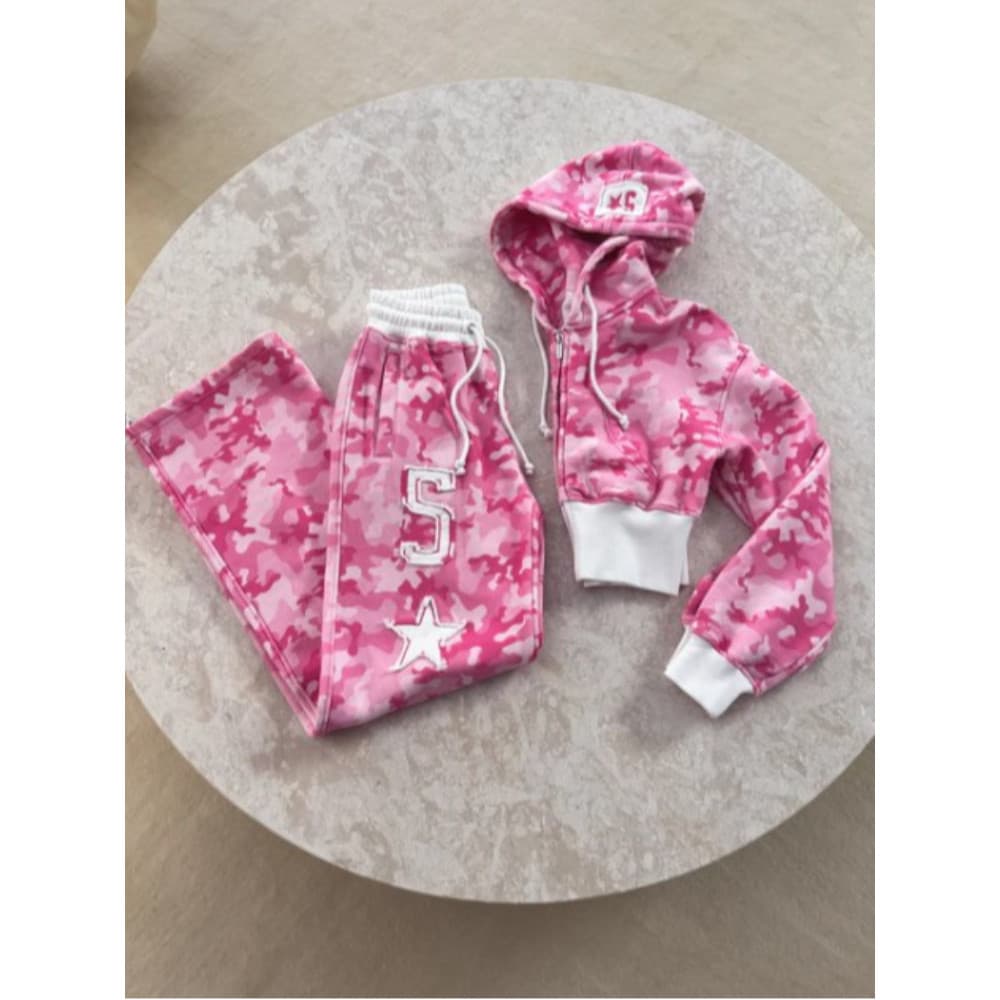 Y2K Novo Conjunto De Duas Peças Roupas Esportivas Femininas Hip Hop Camo Fino Zíper Com Capuz Cintura Alta Calças Bordad