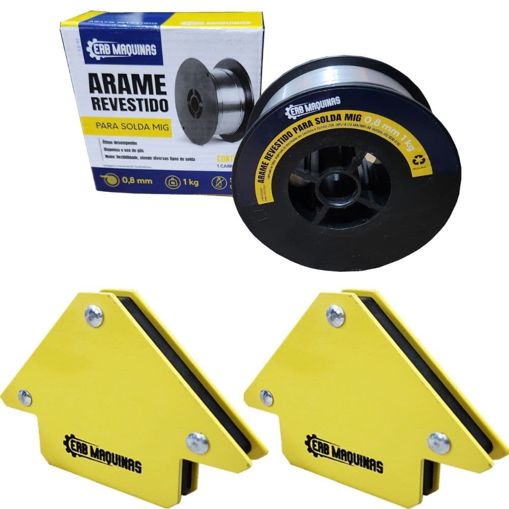 Kit Consumíveis Arame Para Solda Mig Uso Sem Gás 0,8mm 1kg + 2 Esquadro Magnético 10Kg Erbmaquinas
