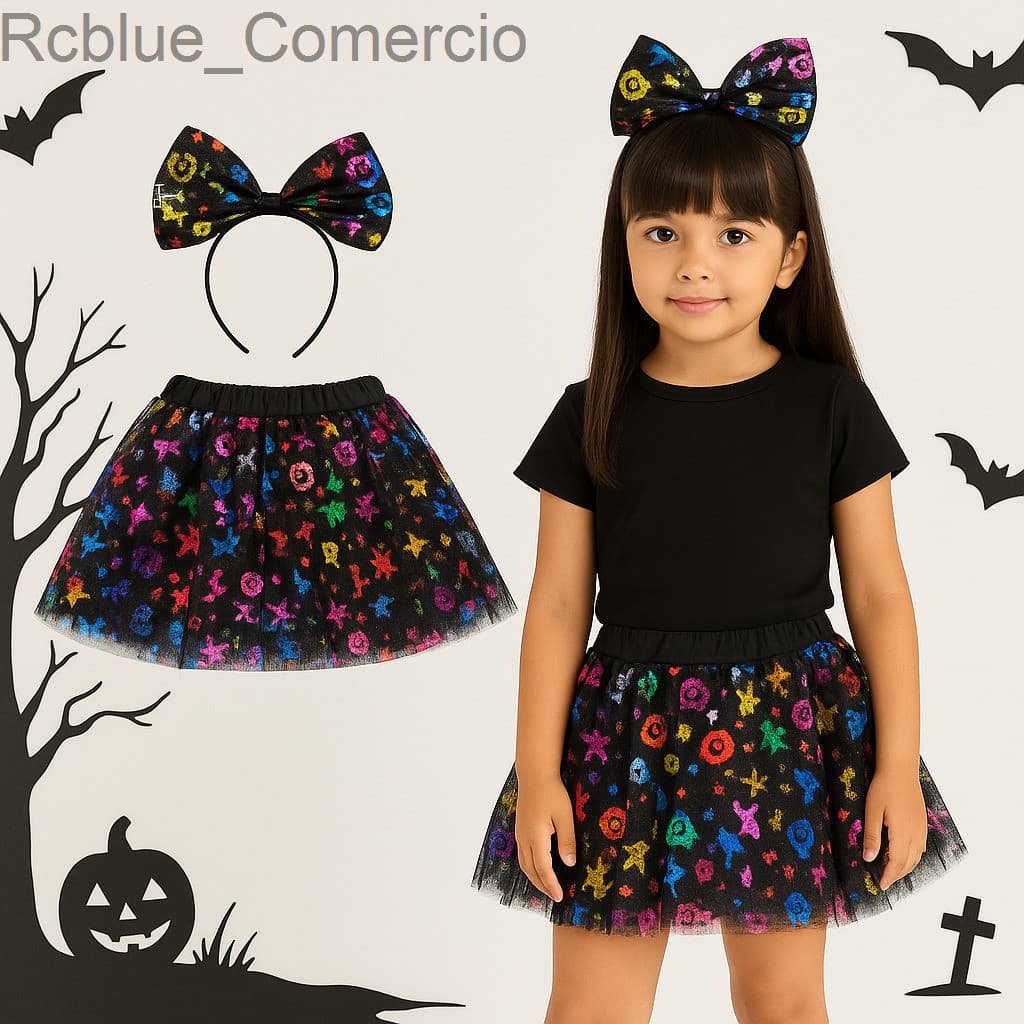 (V)Fantasia Infantil Halloween com Saia Colorida e Tiara Brilhante 🎃