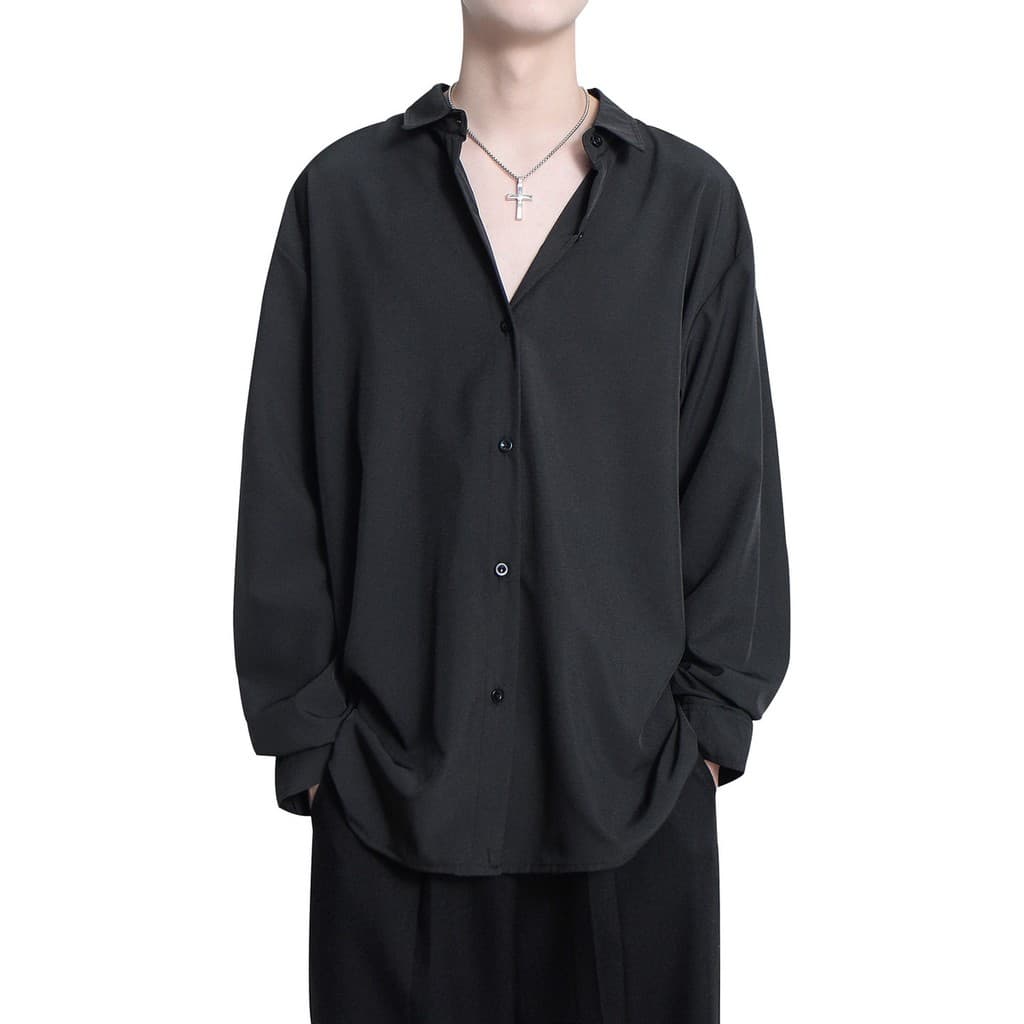 Camisa branca de manga comprida masculina novo estilo versão coreana Drape topo solto High-End seda gelo cor sólida cami