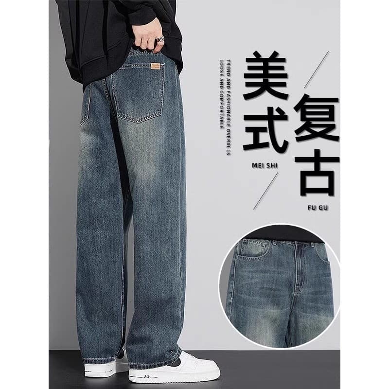 Americano Retro calças de brim de perna larga roupas masculinas 2025 outono inverno novo estilo solto em linha reta Casu