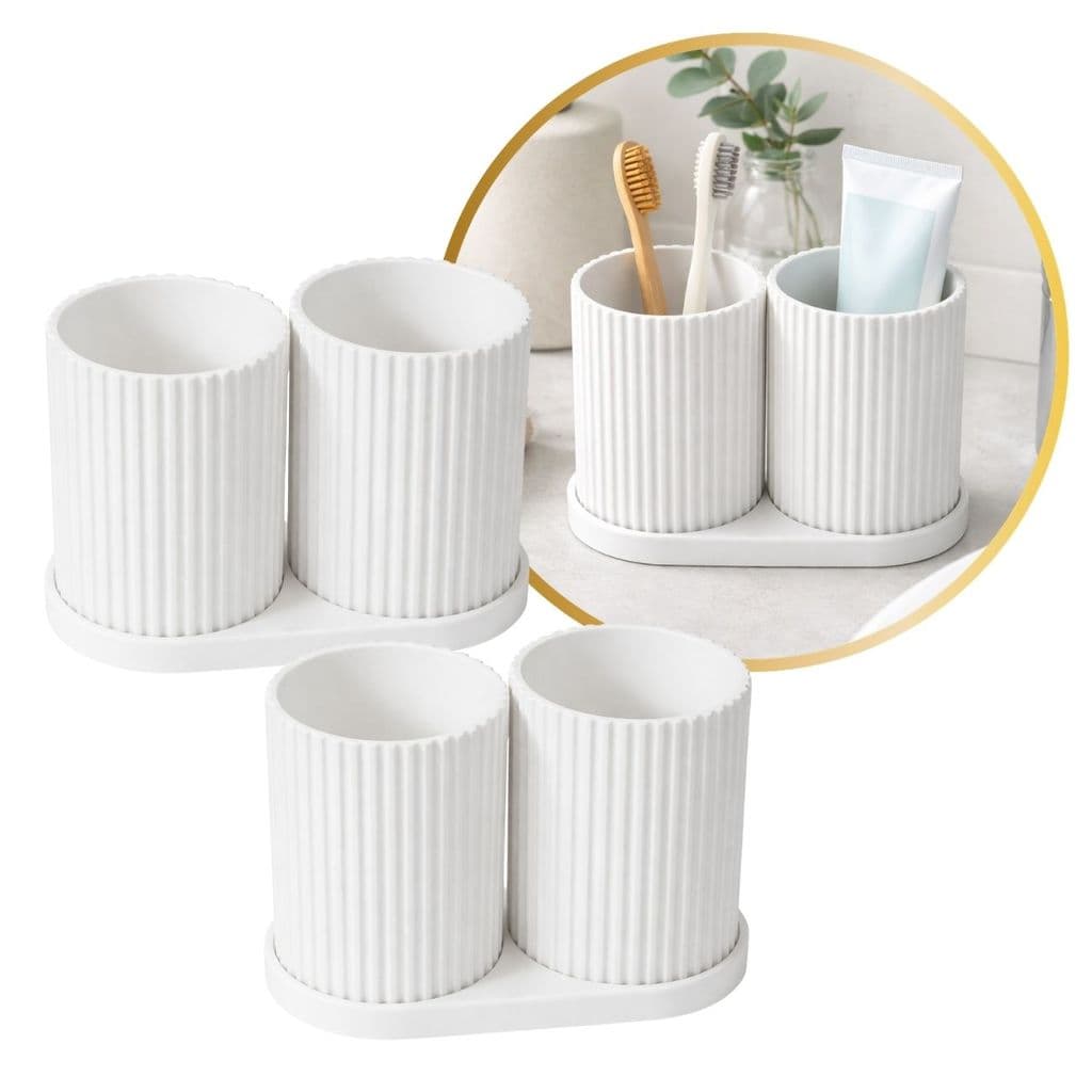 Kit 2 Porta Escovas de Dente Branco Canelado Duplo Moderno