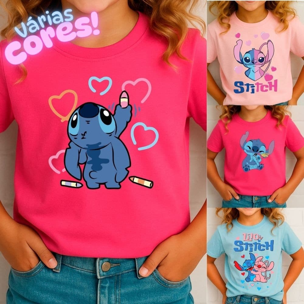 Camiseta Blusa 100% Algodão Lilo e Stitch infantil Camisa Personagem Desenhos Fofos Cutre